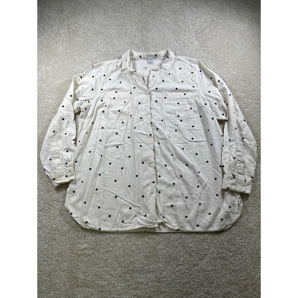 Old Navy Womens Size Xl White Long Sleeve Button Up Shirt Black Polka Dots‎